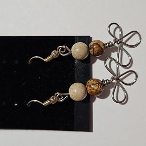 Wire wrapped brown wood bead dangle earrings